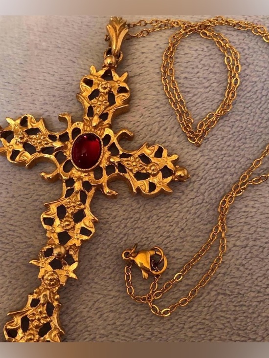 Avon Jewelry - Vintage Avon Abbey Cross Pendant Necklace Gold tone filigree with Red Stone